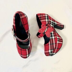 NEW Black Red Plaid Gingham Butterfly Platform Mary Jane High Heels US 5.5